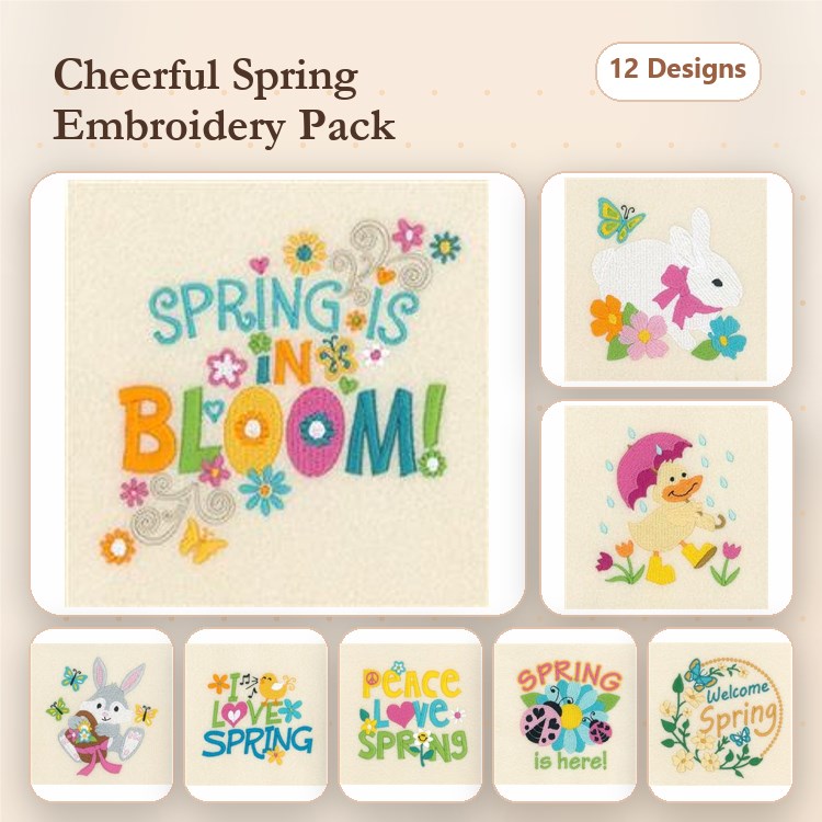 Cheerful Spring Themes Embroidery Designs Bundle – Spring is in Bloom, Easter Bunny, Flower Duck & More (12 Designs)