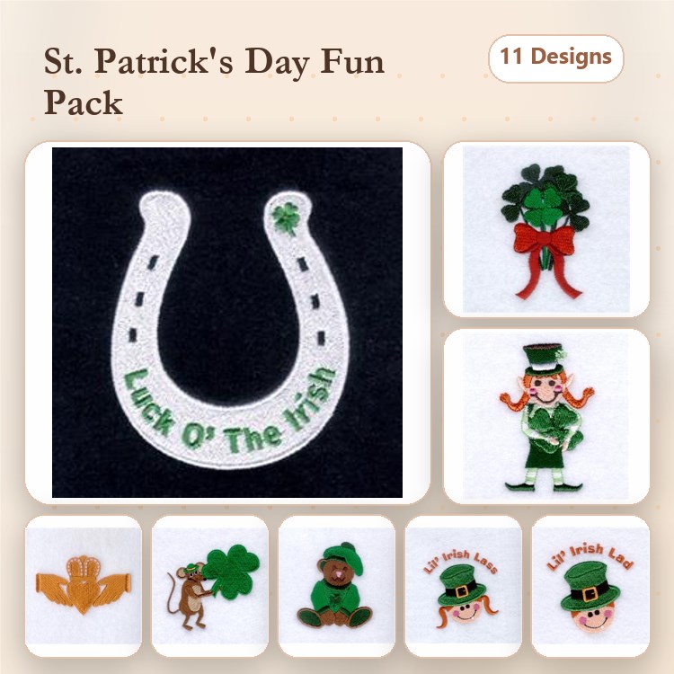 St. Patrick's Day Embroidery Designs Bundle – Horseshoe, Shamrock, Leprechaun Girl & More (11 Designs)