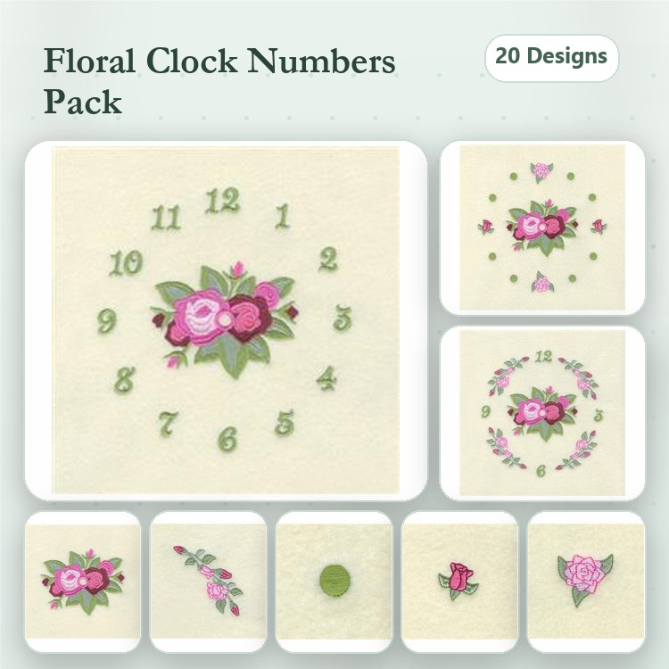 Floral Clock Numbers Embroidery Designs Bundle – Number 1 with Flowers, Number 2 with Flowers, Clock Face with Floral Arrangement & More (20 Designs)
