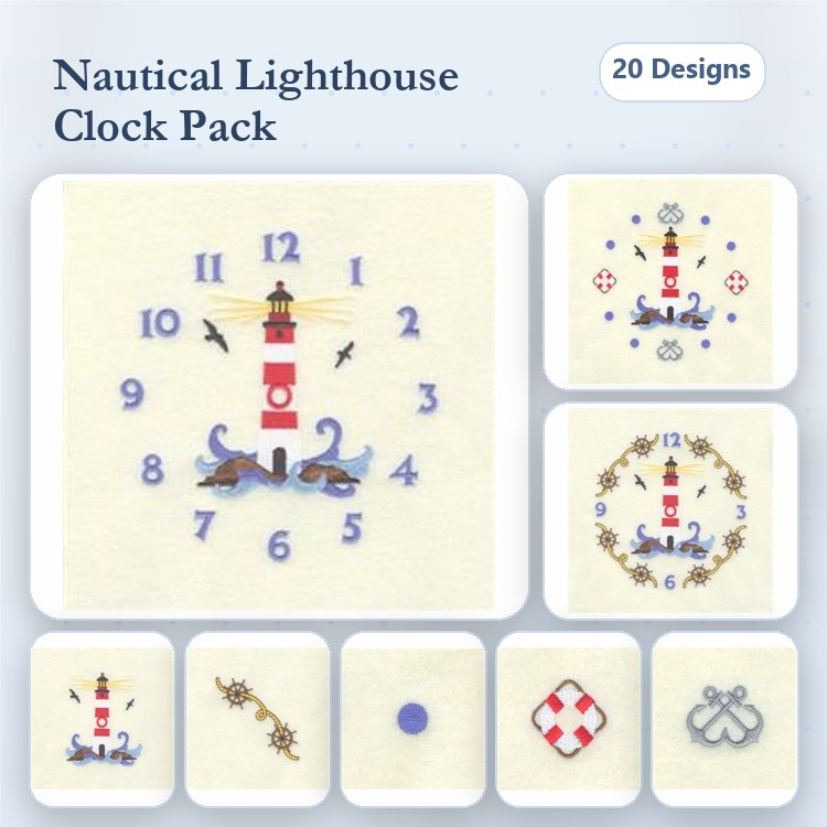 Nautical Clock Embroidery Designs Bundle – Lighthouse, Anchor, Seagulls & More (20 Designs)