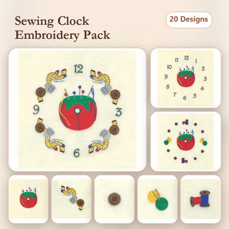 Sewing Clock Embroidery Designs Bundle – Sewing Clock Face, Tomato Pincushion, Buttons Design & More (20 Designs)