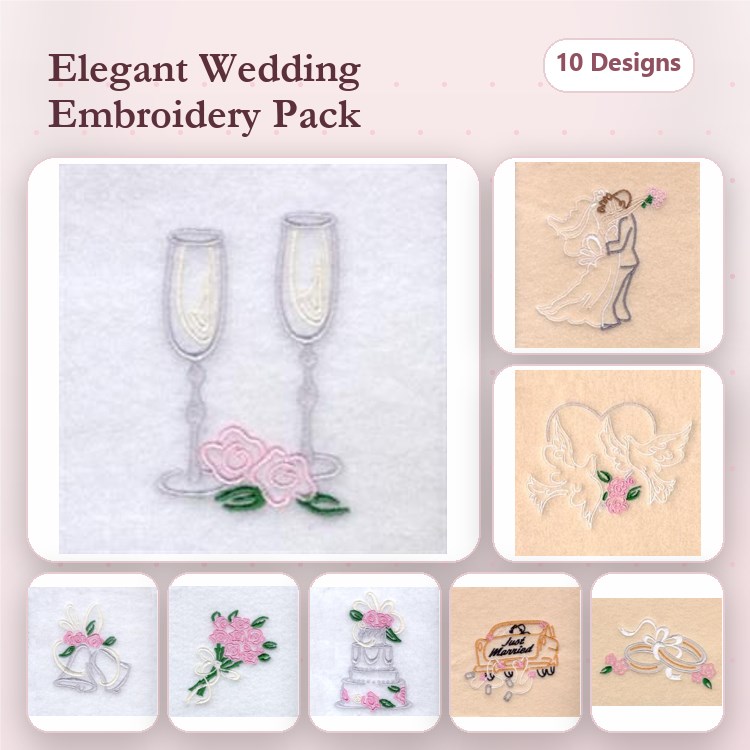 Elegant Wedding Embroidery Bundle – Toasting Glasses, Bride with Bouquet, Wedding Cake & More (10 Designs)