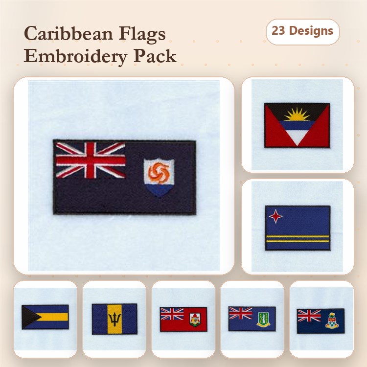 Caribbean Flags Embroidery Designs Bundle – Anguilla, Antigua and Barbuda, Bahamas, Barbados & More (23 Designs)