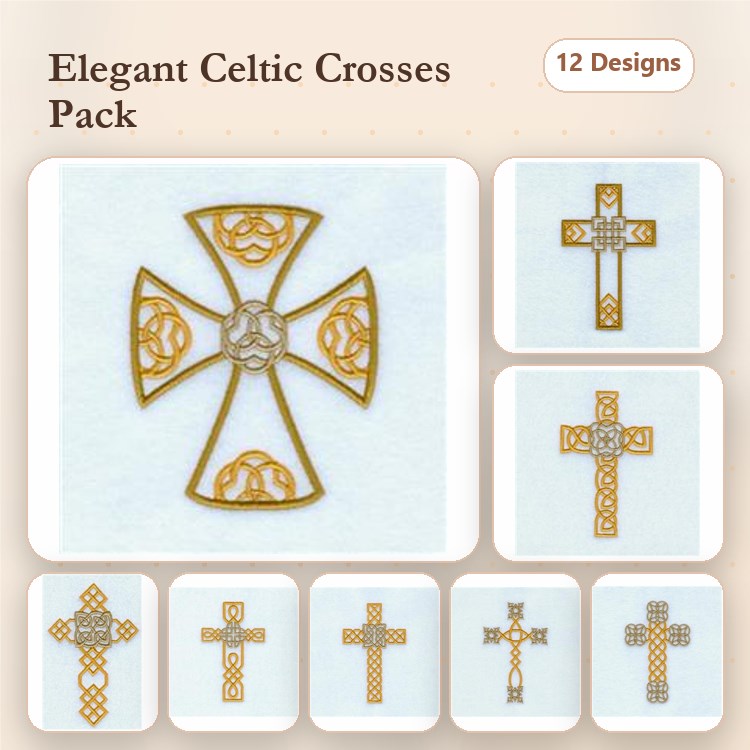 Celtic Cross Embroidery Designs Bundle – Knots, Floral Center, Simple & More (12 Designs)