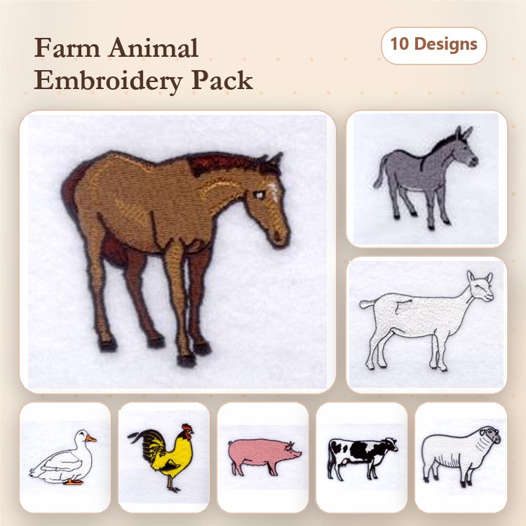 Farm Animal Embroidery Bundle – Horse, Donkey, Goat & More (10 Designs)