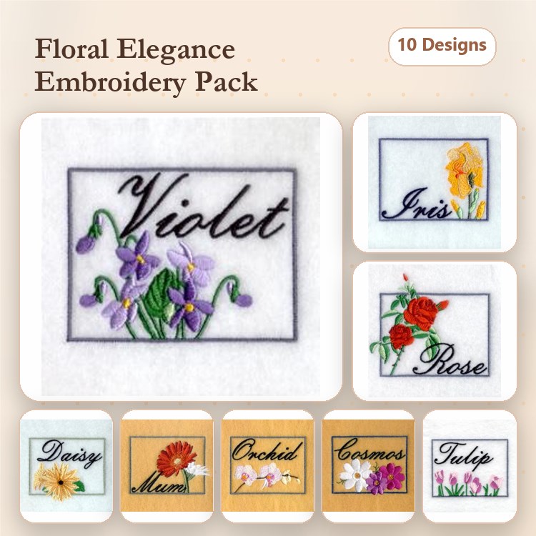 Floral Embroidery Bundle – Violet, Iris, Rose & More (10 Designs)