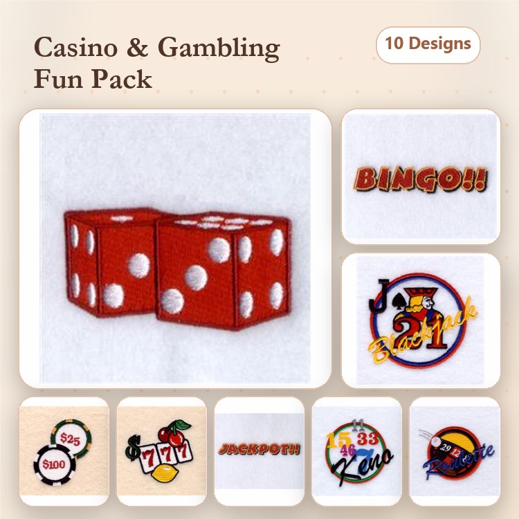 Casino & Gambling Embroidery Designs Bundle – Red Dice, Jackpot, Bingo & More (10 Designs)