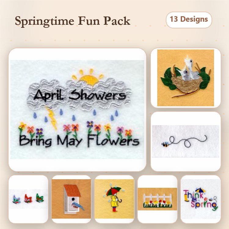Springtime Embroidery Designs Bundle – April Showers, Bring May Flowers, Bird's Nest & More (13 Designs)