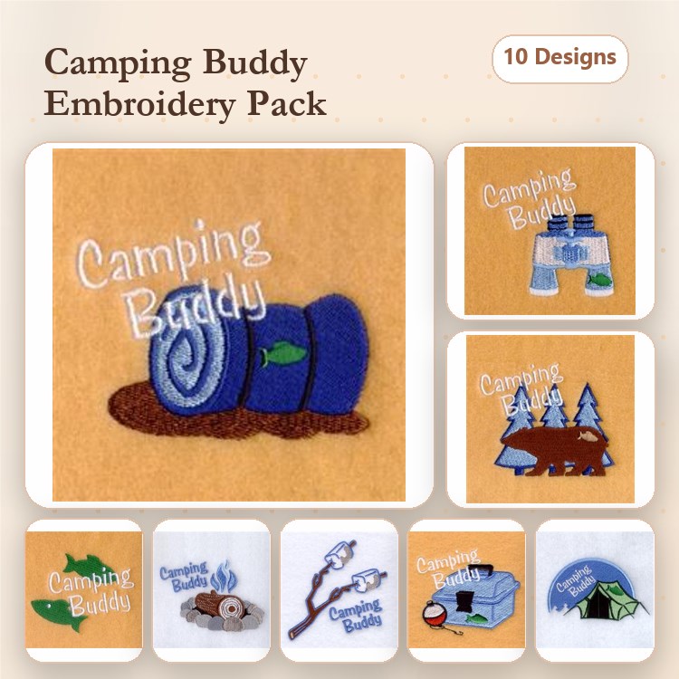 Camping Adventure Embroidery Designs Bundle – Camping Buddy, Campfire & More (10 Designs)