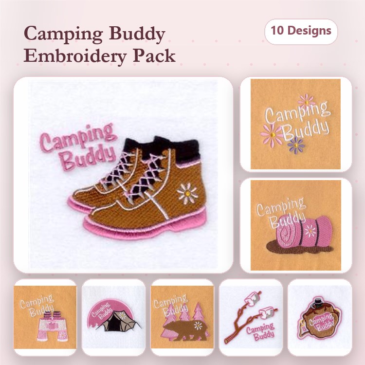 Camping Buddy Embroidery Designs Bundle – Boots, Tent, Campfire & More (10 Designs)