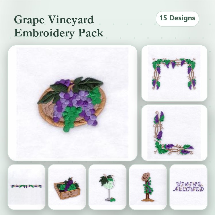 Grape Vineyard Embroidery Designs Bundle – Grapevine Cluster, Wine Bottle & Glass, Grape Basket & More (15 Designs)