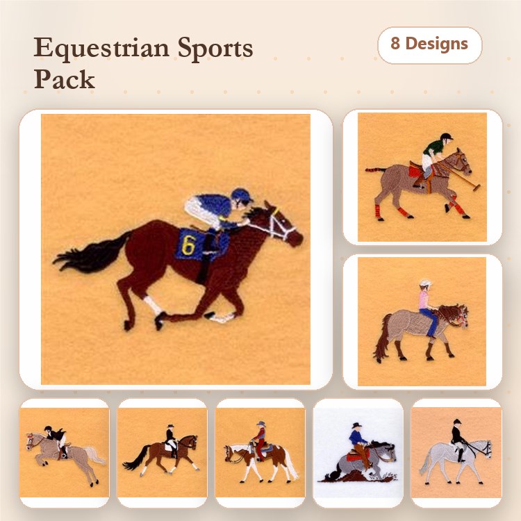 Equestrian Sports Embroidery Designs Bundle – Horse Racing Jockey, Galloping Horse, Rider on Horse & More (8 Designs)