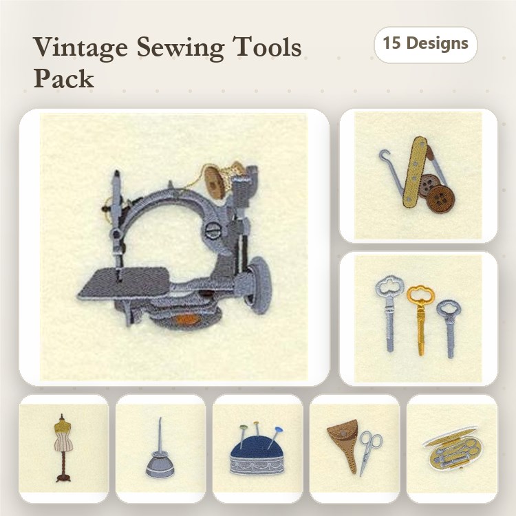 Sewing Tools Embroidery Designs Bundle – Sewing Machine, Tailor's Scissors, Thimble & More (15 Designs)