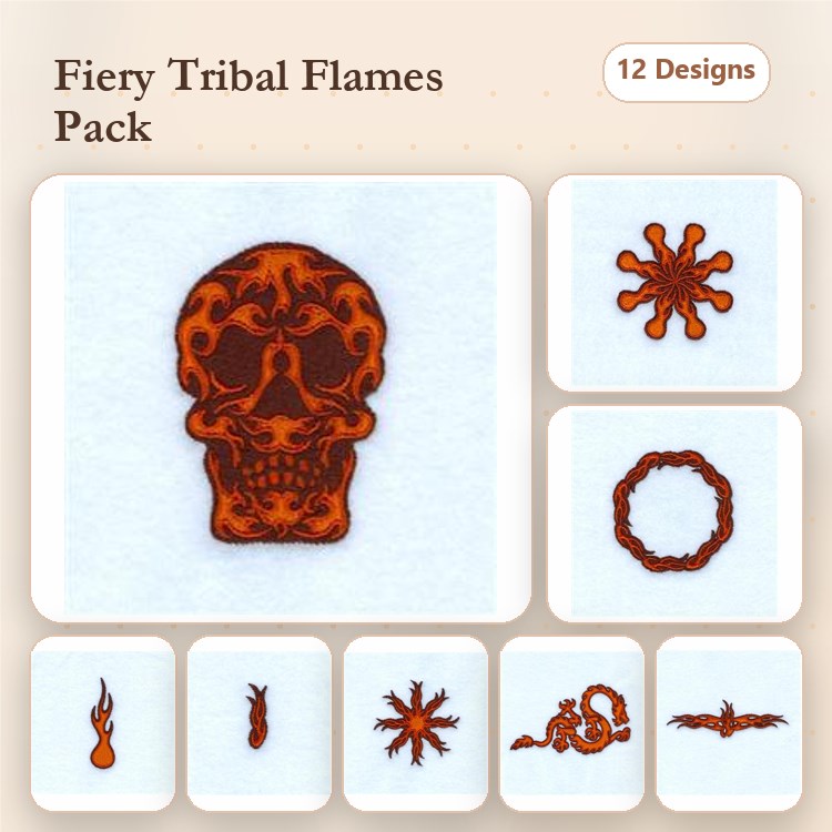Tribal Flame Embroidery Designs Bundle – Tribal Skull, Flame Burst, Tall Flame & More (12 Designs)