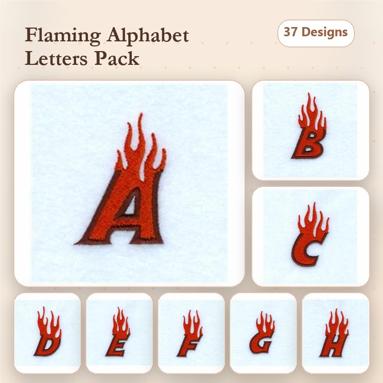 Flaming Alphabet Letters Embroidery Designs Bundle – A with Flames, B with Flames, C with Flames & More (37 Designs)