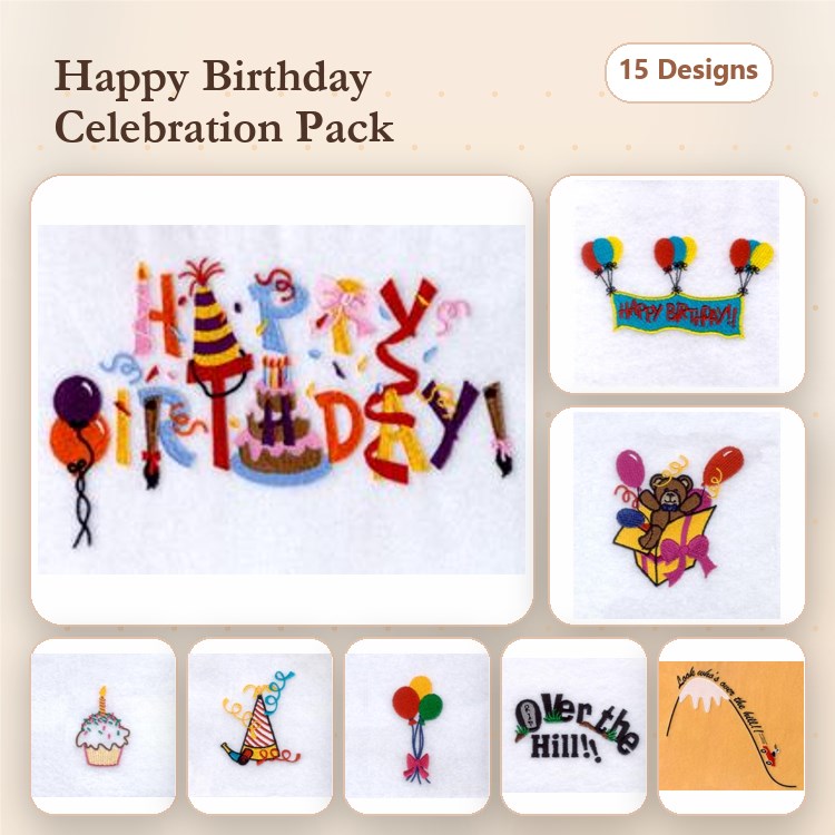 Birthday Celebration Embroidery Designs Bundle – Happy Birthday Lettering, Birthday Cake, Party Hat & More (15 Designs)