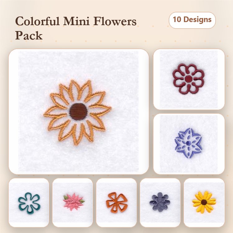 Colorful Mini Flowers Embroidery Designs Bundle – Sunflower, Purple Flower, Red Flower & More (10 Designs)