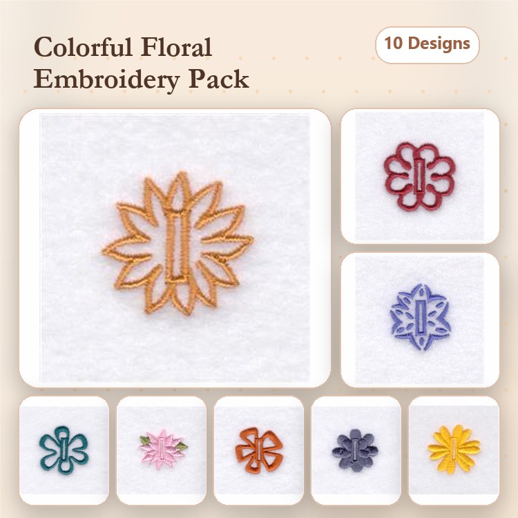 Colorful Floral Embroidery Bundle – Sunburst Flower, Simple Flower, Stylized Floral & More (10 Designs)