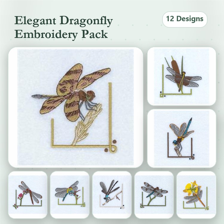 Dragonfly Embroidery Designs Bundle – Elegant Dragonfly, Dragonfly with Flower, Detailed Dragonfly & More (12 Designs)
