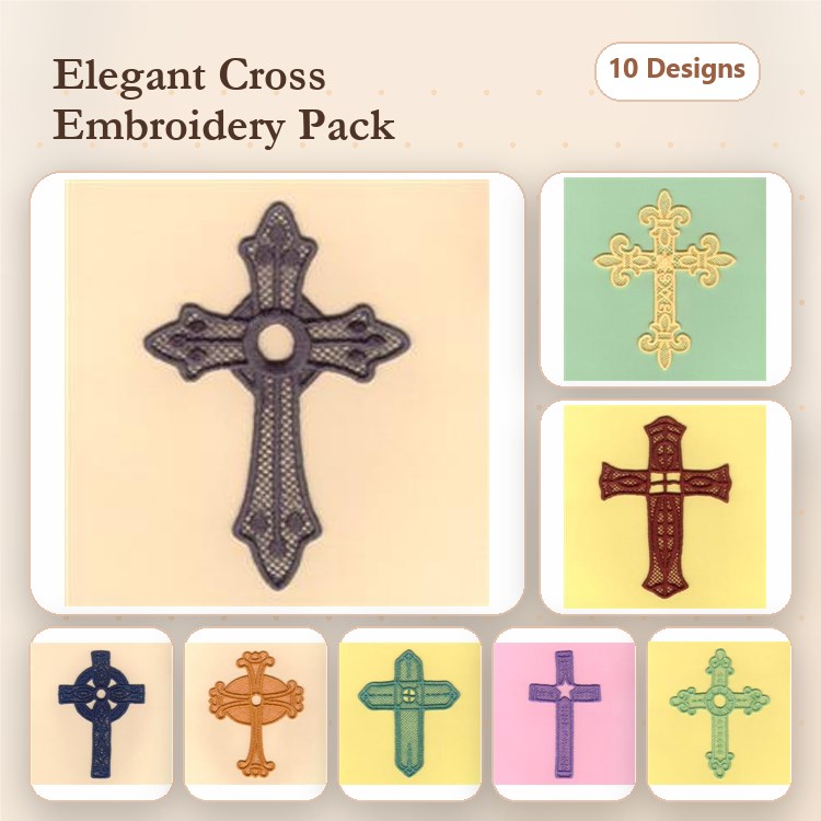 FSL Elegant Cross Embroidery Designs Bundle – Lace Cross with Filigree, Ornate Lace Cross, Decorative Lace Cross & More (10 Designs)