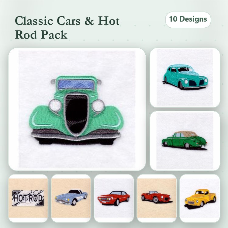 Classic Cars and Hot Rods Embroidery Designs Bundle – Green Classic Car, Red Sports Car, Blue Hot Rod & More (10 Designs)