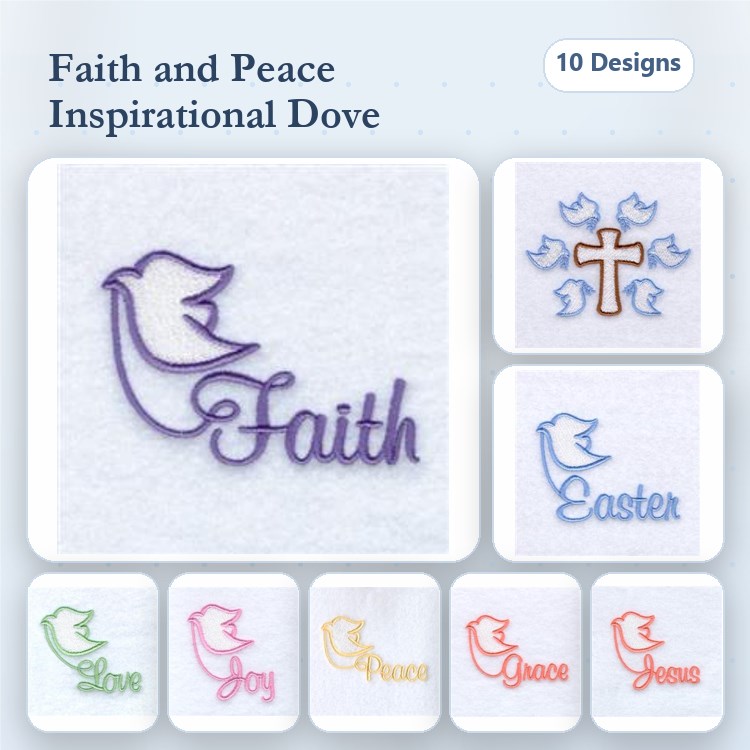 Inspirational Dove Embroidery Designs Bundle – Dove with Faith, Dove with Joy, Cross with Dove & More (10 Designs)