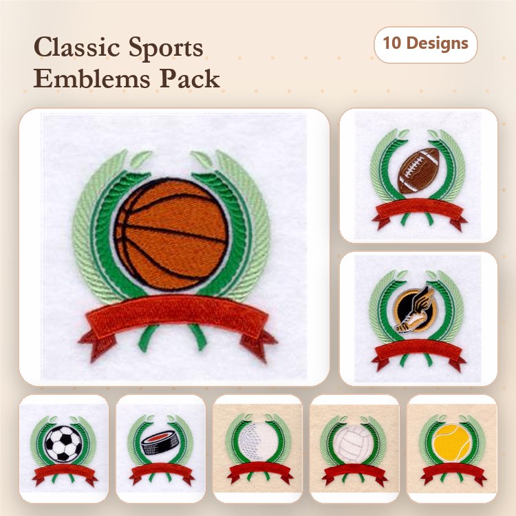 Sports Emblems Embroidery Designs Bundle – Basketball, Football, Soccer & More (10 Designs)