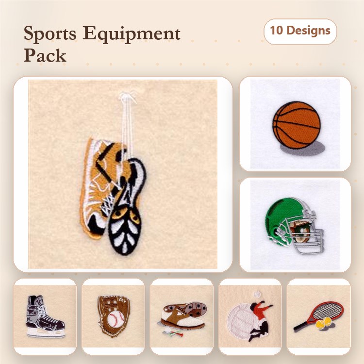 Sports Equipment Embroidery Designs Bundle – Basketball, Soccer Shoes, Football Helmet & More (10 Designs)