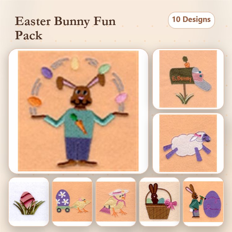 Easter Bunny Embroidery Designs Bundle – Juggling Eggs, Easter Basket, Mailbox & More (10 Designs)