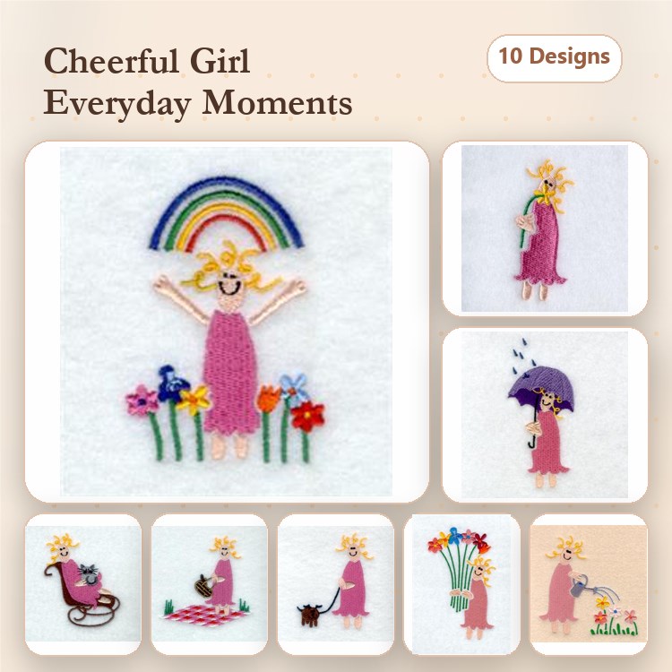 Cheerful Girl Embroidery Designs Bundle – With Rainbow, Flowers, Cat & More (10 Designs)