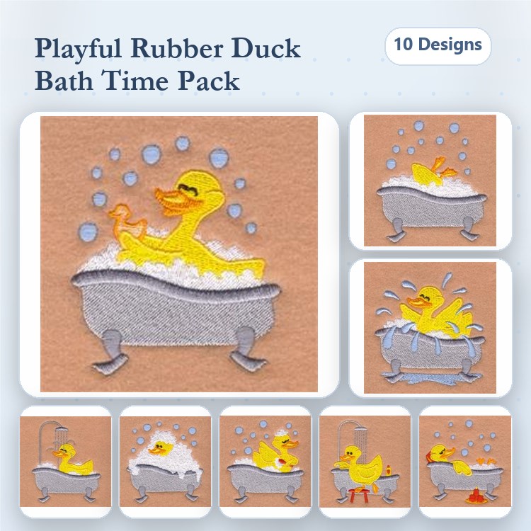 Rubber Duck Bath Embroidery Designs Bundle – Duck in Bathtub with Bubbles, Duck Splashing in Water, & More (10 Designs)