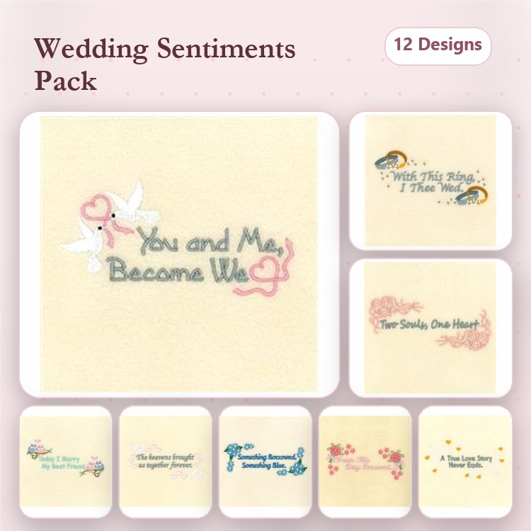 Wedding Sentiments & Love Quotes Embroidery Bundle – You and Me, Become We, Love is Patient, & More (12 Designs)