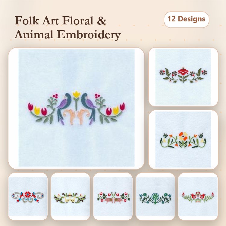Folk Art Floral & Animal Embroidery Designs Bundle – Floral Pair with Birds, Decorative Floral Wreath, & More (12 Designs)