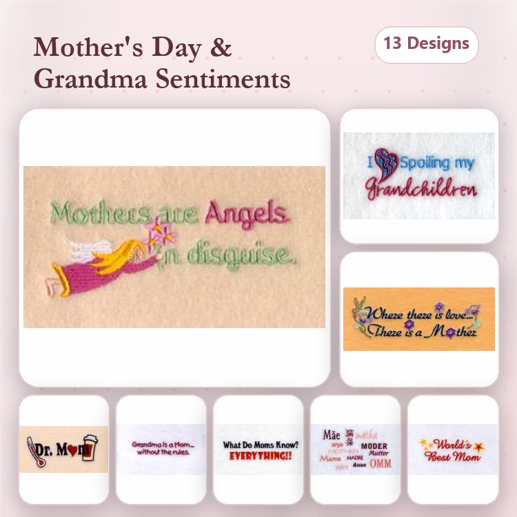 Mother's Day & Grandma Sentiments Embroidery Designs Bundle – Mothers are Angels, Mom is my favorite word, & More (13 Designs)