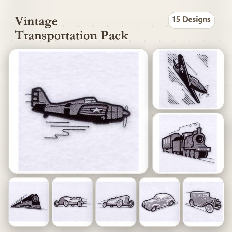 Vintage Transportation Vehicles Embroidery Designs Bundle – Airplane, Rocket, Train & More (15 Designs)