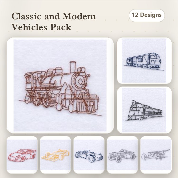 Redwork Classic & Modern Vehicles Embroidery Bundle – Steam Locomotive, Diesel Locomotive, Race Car & More (12 Designs)