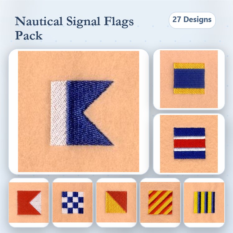 Nautical Signal Flags Embroidery Designs Bundle – Blue and White, Red Triangle, Checkered & More (27 Designs)