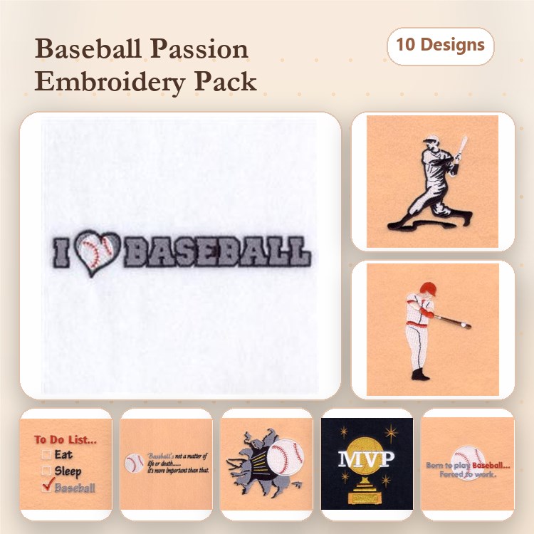Baseball Embroidery Designs Bundle – I Love Baseball, MVP Trophy, Baseball with Gloves & More (10 Designs)