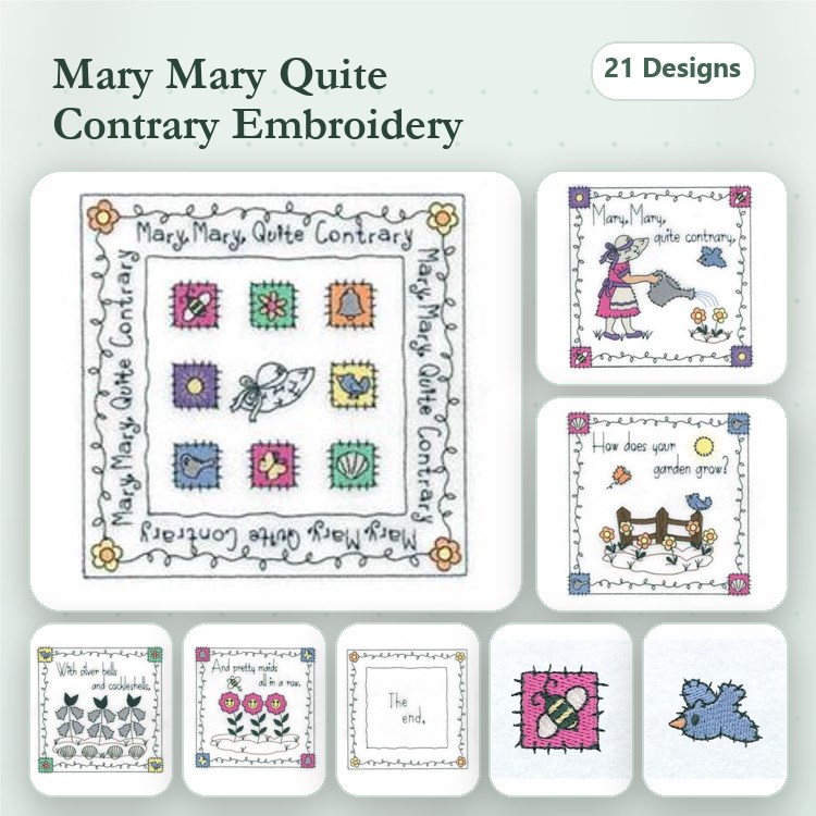 Redwork Mary Mary Quite Contrary Embroidery Designs Bundle – Garden Scene, Flower & Bird Square, & More (21 Designs)