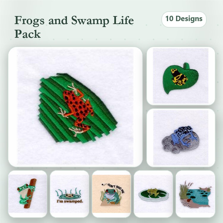 Frogs & Swamp Life Embroidery Designs Bundle – Red Frog on Leaf, Green Leaf with Frogs, Swamp Bug & More (10 Designs)