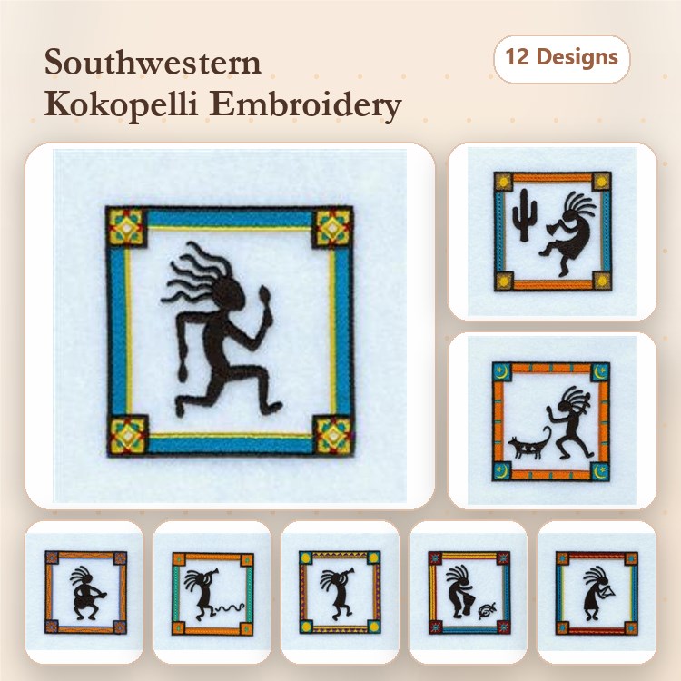 Kokopelli Figures Embroidery Designs Bundle – Dancer, Musician, with Dog & More (12 Designs)