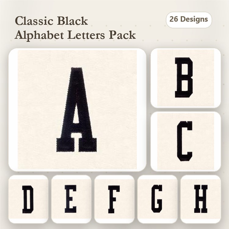 Applique Classic Black Alphabet Letters Embroidery Bundle – Letter A, Letter B, Letter C & More (26 Designs)