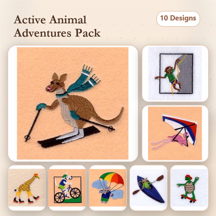 Dog, Elephant & Lizard Embroidery Bundle – Fun Animal Adventures (10 Designs)