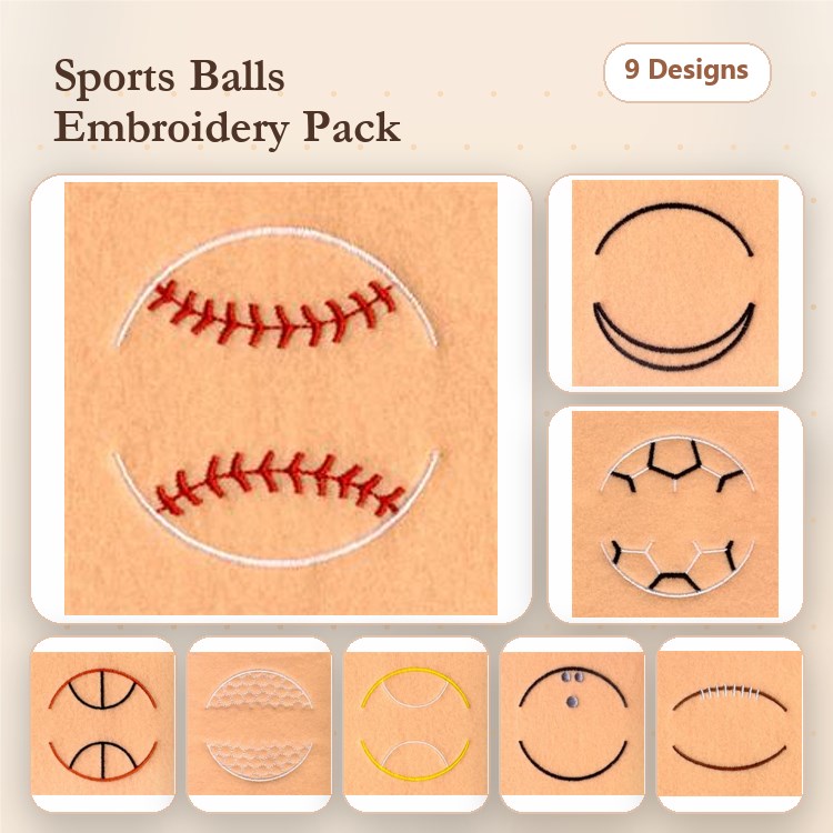 Redwork Sports Balls Embroidery Designs Bundle – Baseball, Soccer Ball, Basketball & More (9 Designs)