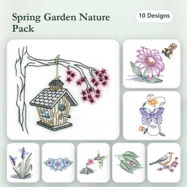 Spring Garden Embroidery Designs Bundle – Birdhouse, Butterfly, Hummingbird & More (10 Designs)