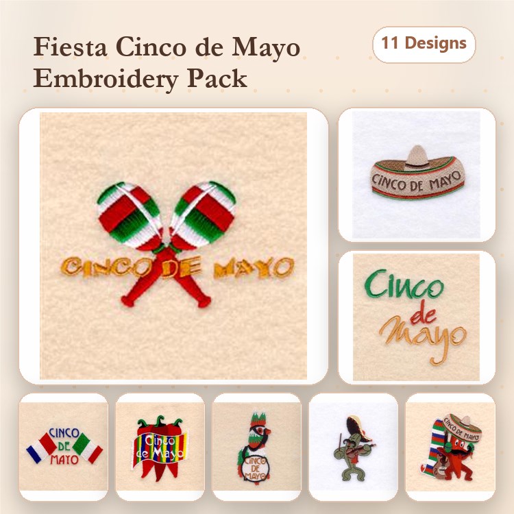 Cinco de Mayo Celebration Embroidery Designs Bundle – Maracas, Sombrero, Fiesta Banner & More (11 Designs)