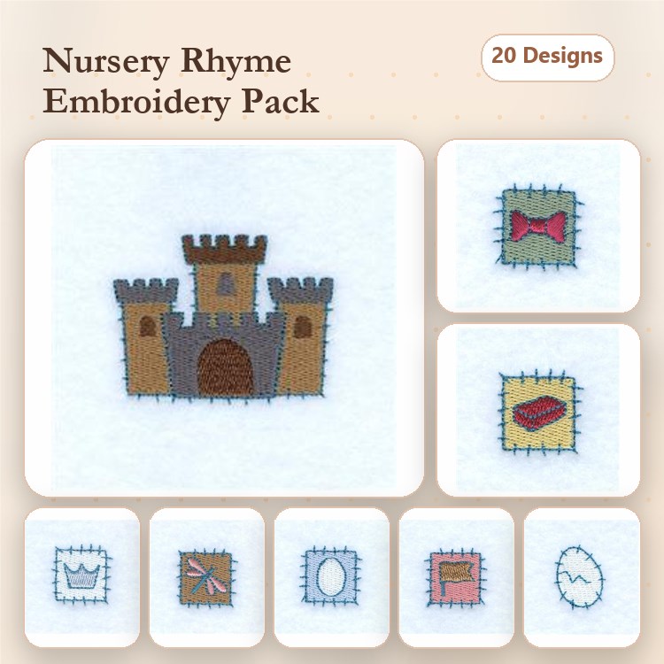 Nursery Rhyme Embroidery Designs Bundle – Castle, Red Bow, Goldfish & More (20 Designs)