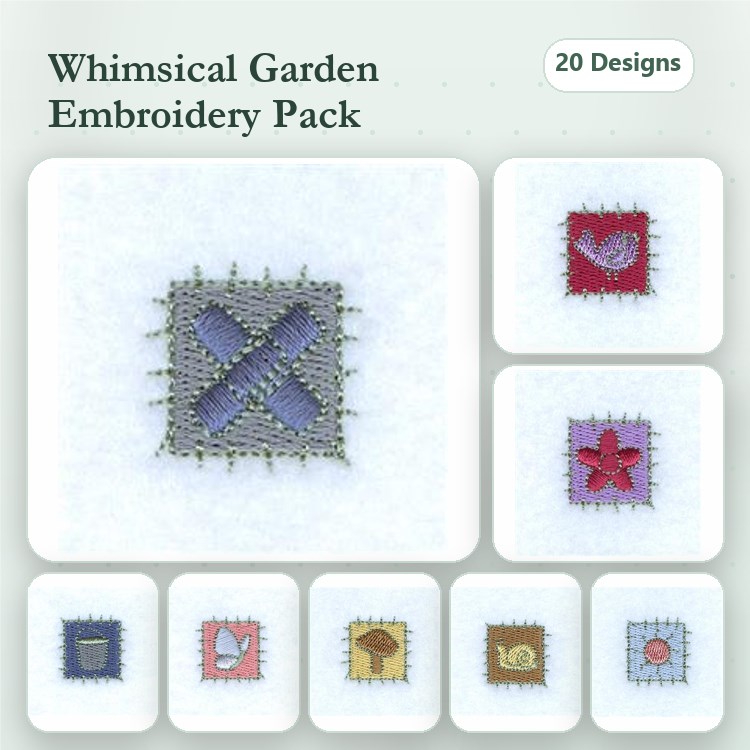 Garden Embroidery Designs Bundle – Flower Motif, Garden Teapot, Bird Silhouette & More (20 Designs)