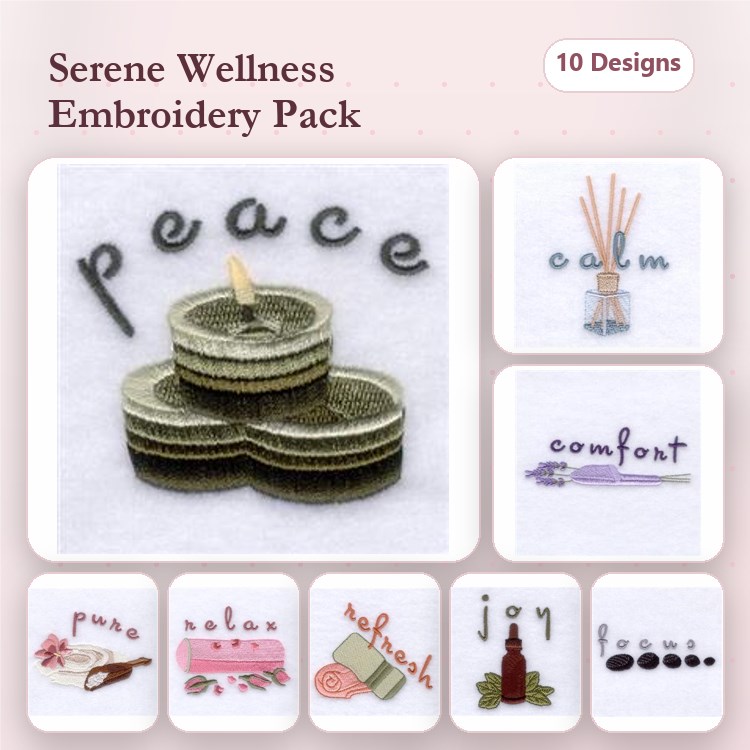 Wellness & Tranquility Embroidery Bundle – Peace Candles, Calm Diffuser, Comfort Jar & More (10 Designs)