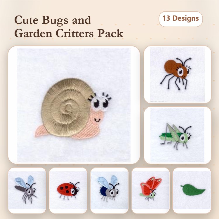 Cute Bugs & Garden Critters Embroidery Designs Bundle – Snail, Ant, Ladybug, Butterfly & More (13 Designs)